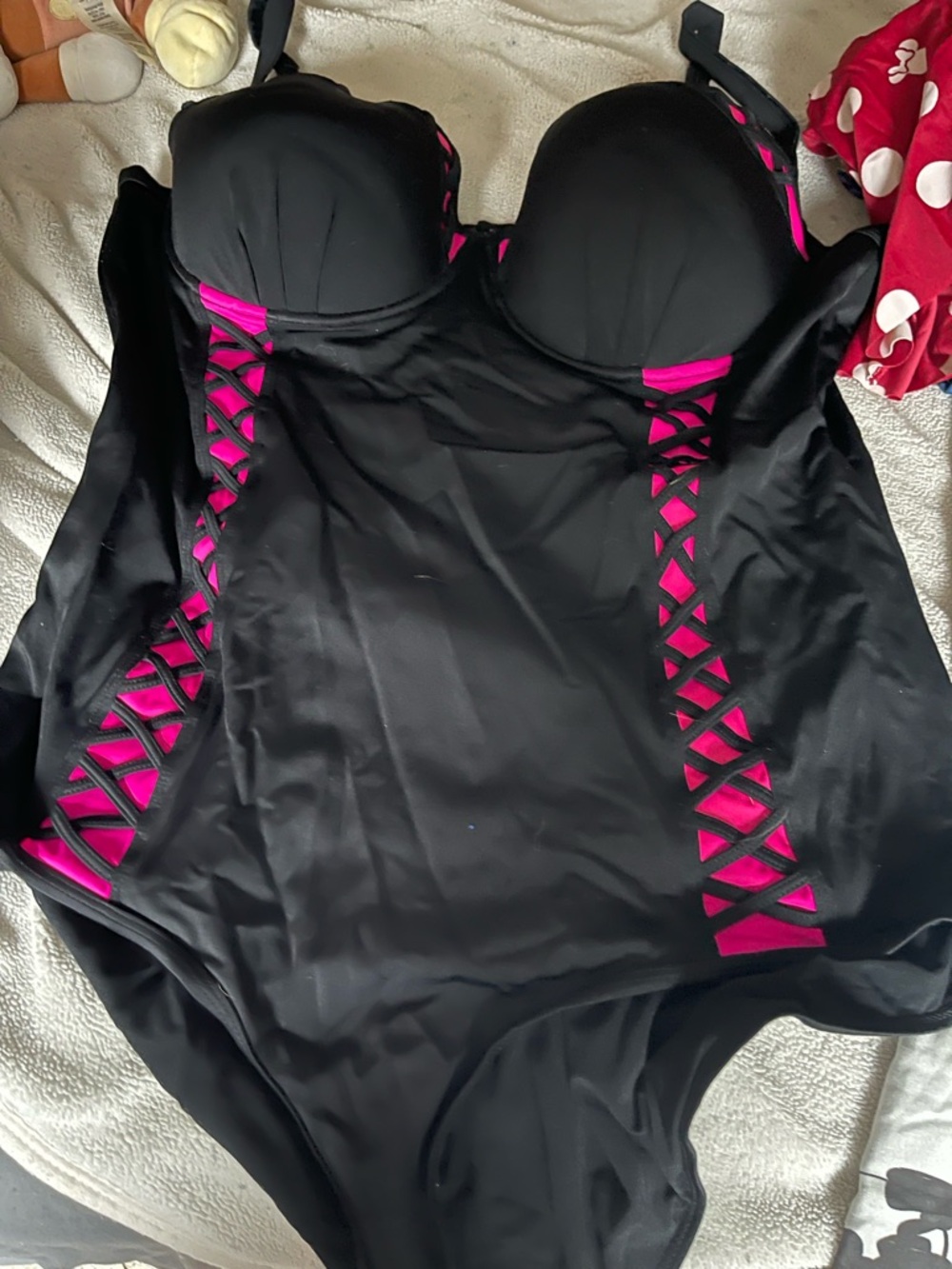 Torrid Black One-Piece Swim with Hot Pink Lattice Accents - Picture 4 of 6
